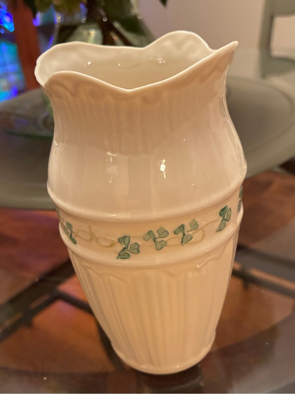 Vintage Belleek fine china vase w signature shamrock motif - no chips or cracks